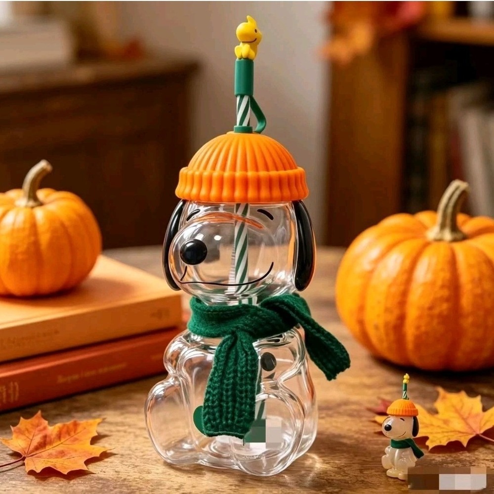 NIB Peanuts Snoopy Glass Cold Cup Fall Pumpkin Beanie Woodstock Straw Topper